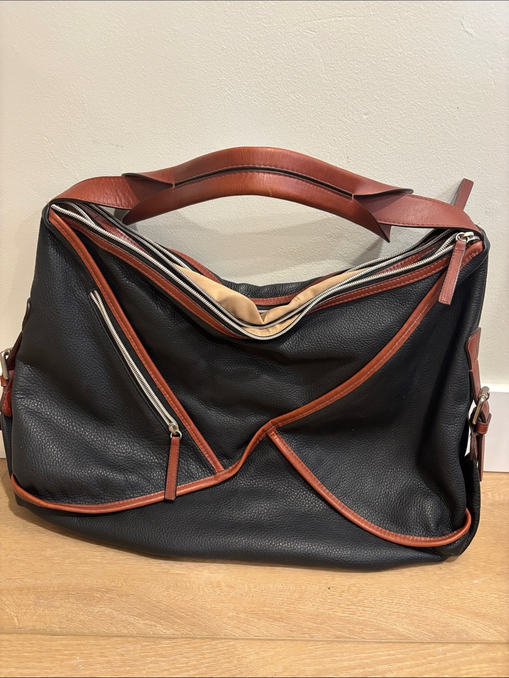 Black Leather Hobo with Brown Trim - Classic Everyday Tote